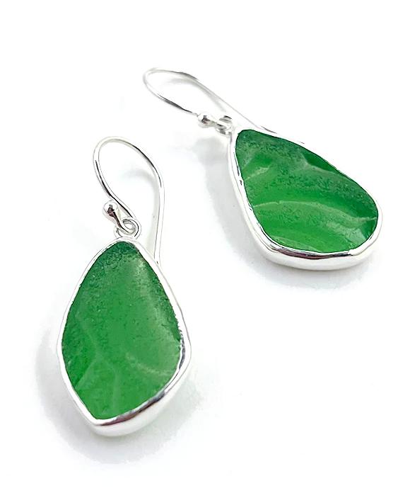 Textured Green Sea Glass Open Back Drop Earrings