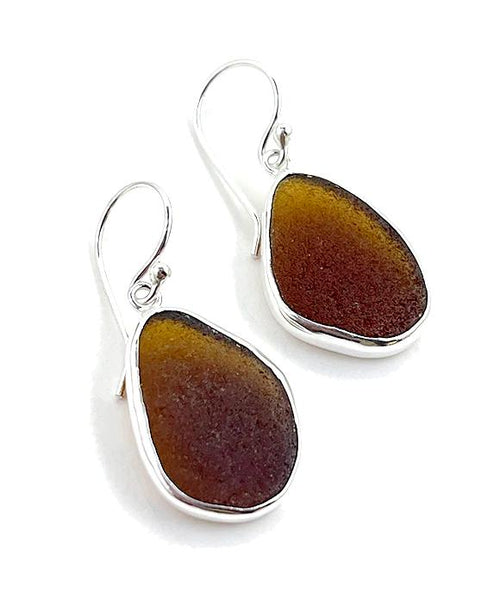 Dark Brown Sea Glass Open Back Drop Earrings