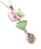 Butterfly with Leaves Vintage Pottery and Mint Sea Glass Triple Pendant