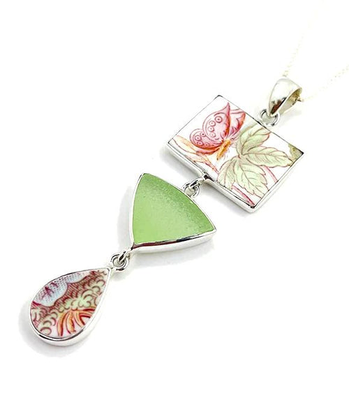 Butterfly with Leaves Vintage Pottery and Mint Sea Glass Triple Pendant