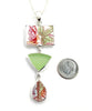 Butterfly with Leaves Vintage Pottery and Mint Sea Glass Triple Pendant