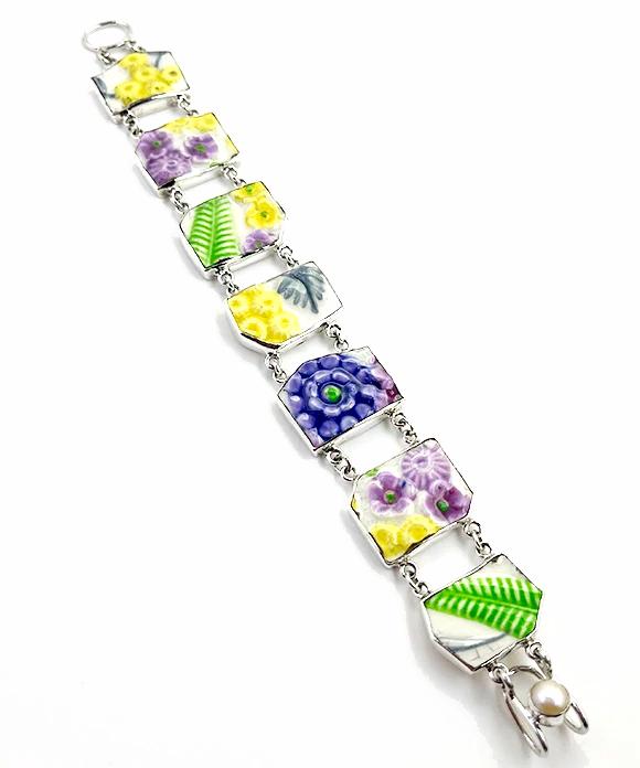 Textured Flower and Leaf Vintage Pottery Double Link Rectangle Bracelet -7 3/4
