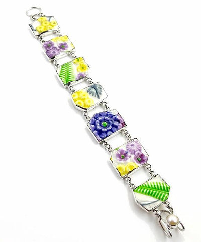 Textured Flower and Leaf Vintage Pottery Double Link Rectangle Bracelet -7 3/4
