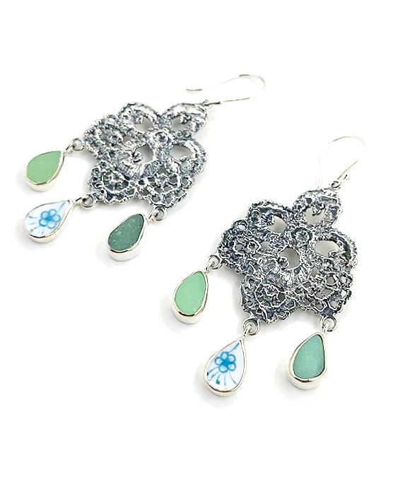 Lace Cast in Sterling Silver with Sea Glass & Vintage Pottery Drops