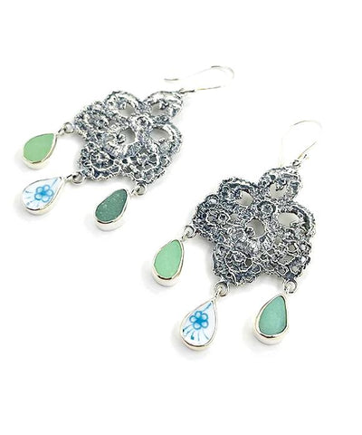 Lace Cast in Sterling Silver with Sea Glass & Vintage Pottery Drops