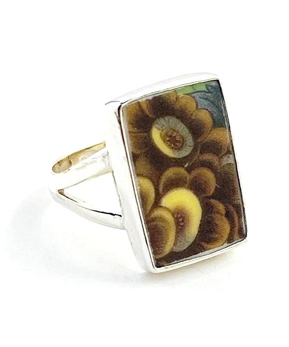 Brown & Yellow Flower Rectangle Vintage Pottery Ring- Size 8.5