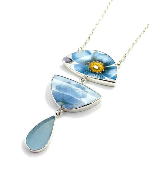 Blue Flower Vintage Pottery & Light Blue Sea Glass Triple Necklace