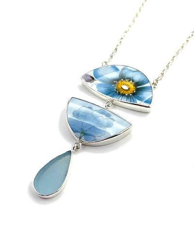 Blue Flower Vintage Pottery & Light Blue Sea Glass Triple Necklace