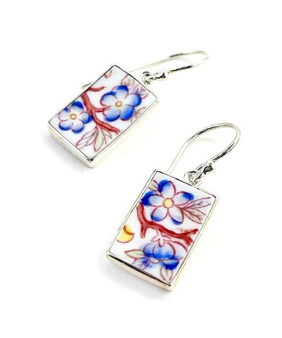 Blue Flower Vintage Pottery Rectangle Single Drop Earrings