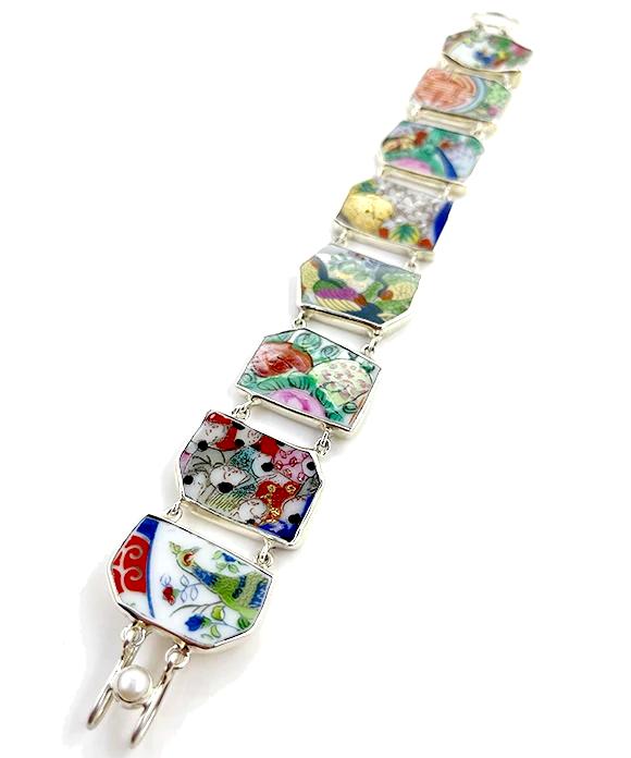 Bold with Gold Asian Vintage Pottery Double Link Rectangle Bracelet - 8 3/4
