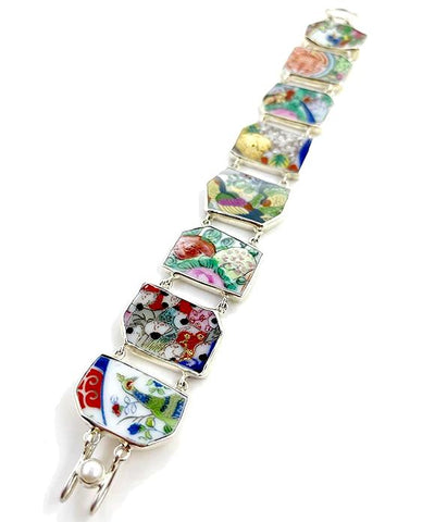 Bold with Gold Asian Vintage Pottery Double Link Rectangle Bracelet - 8 3/4