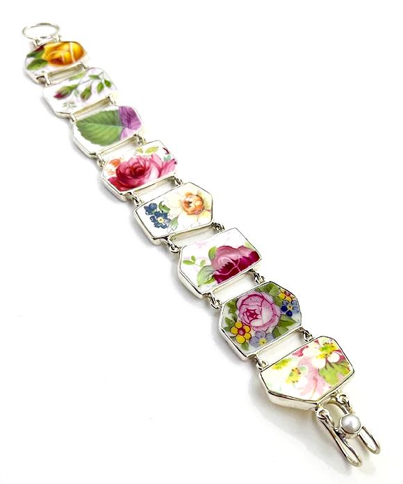 Bold Roses Vintage Pottery Double Link Rectangle Bracelet - 8