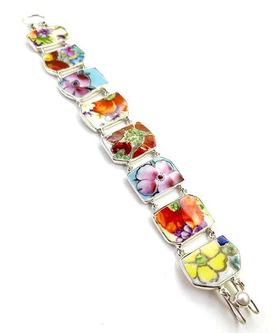 Bold Flower Vintage Pottery Double Link Rectangle Bracelet - 8 1/4
