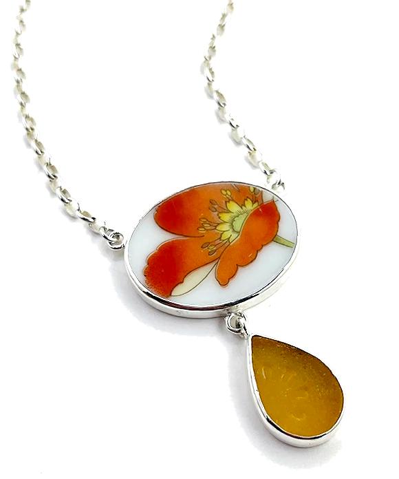 Bold Poppy Vintage Pottery with Textured Amber Sea Glass Double Drop Necklace