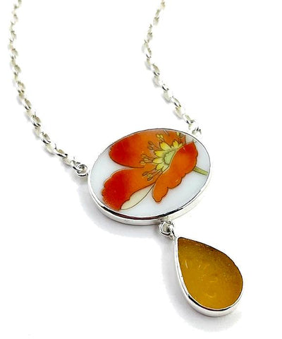 Bold Poppy Vintage Pottery with Textured Amber Sea Glass Double Drop Necklace