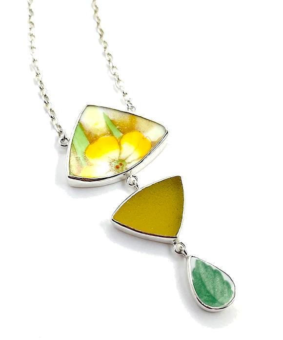 Yellow Flower Vintage Pottery & Yellow Sea Glass Triple Necklace