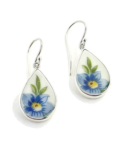 Blue Flower Vintage Pottery Tear Drop Earrings