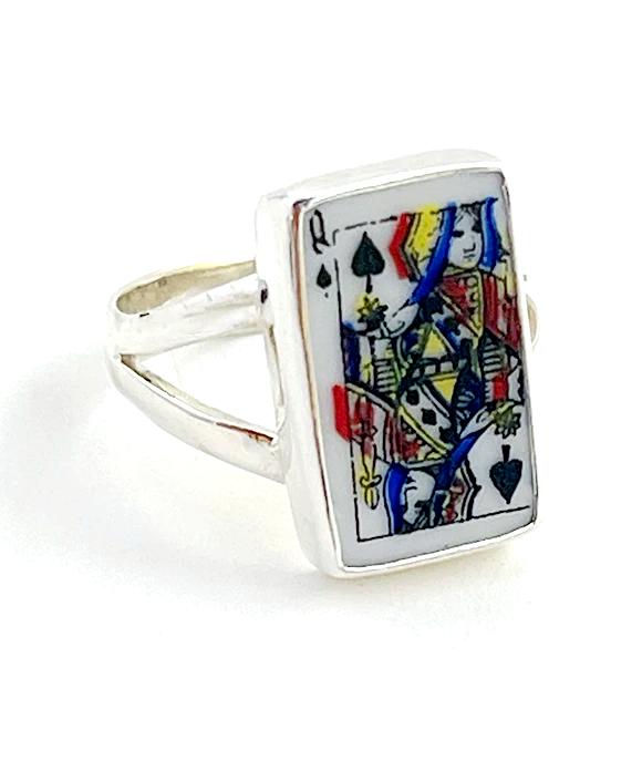 Queen of Spades Playing Card Rectangle Vintage Pottery Ring- Size 7