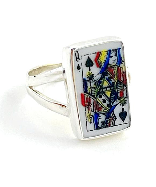 Queen of Spades Playing Card Rectangle Vintage Pottery Ring- Size 7