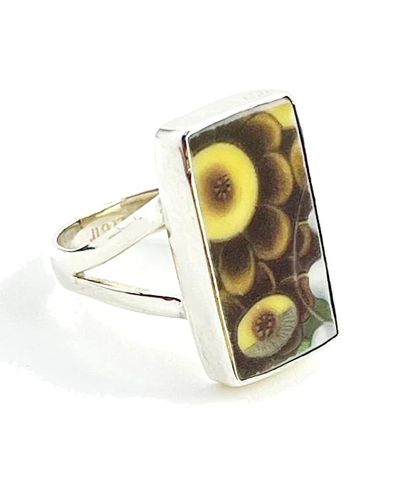Brown & Yellow Flower Rectangle Vintage Pottery Ring #2- Size 9