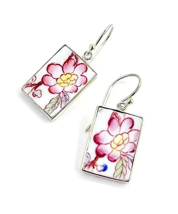 Red & Yellow Flower Vintage Pottery Large Rectangle Single Drop Earrings
