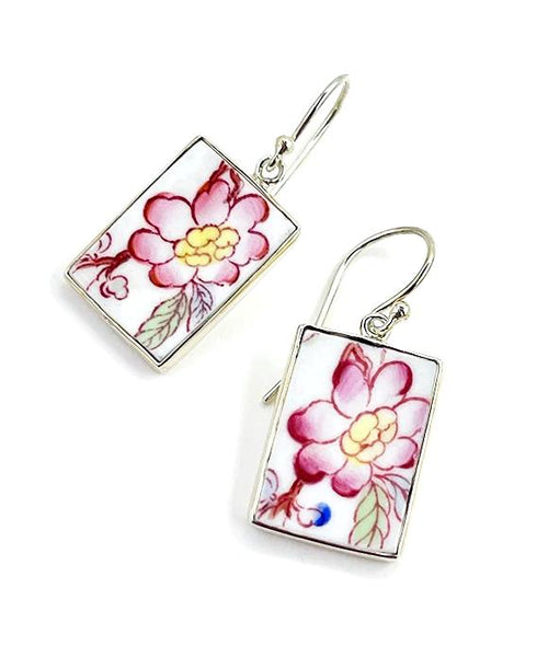 Red & Yellow Flower Vintage Pottery Large Rectangle Single Drop Earrings