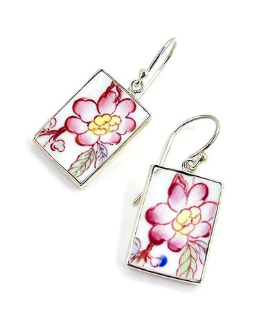 Red & Yellow Flower Vintage Pottery Large Rectangle Single Drop Earrings