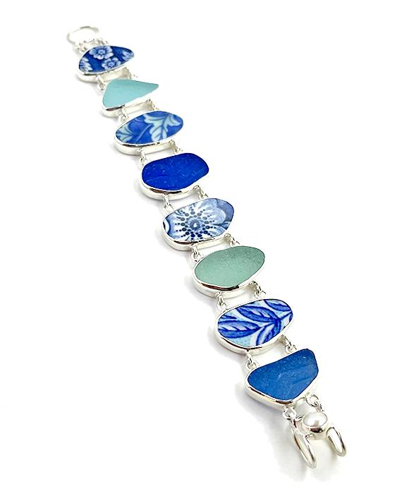 Blue and White Floral Vintage Pottery and Sea Glass Double Link Rectangle Bracelet - 7