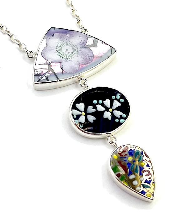 Bold Textured Flower Vintage Pottery Triple Necklace