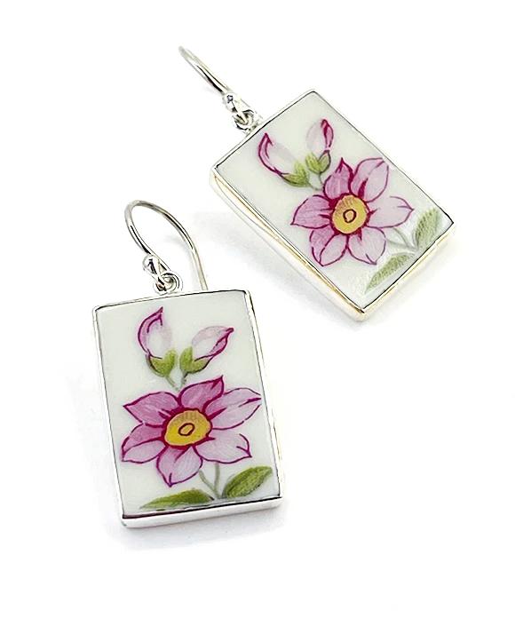 Big Pink Flower Vintage Pottery Large Rectangle Single Drop Earrings