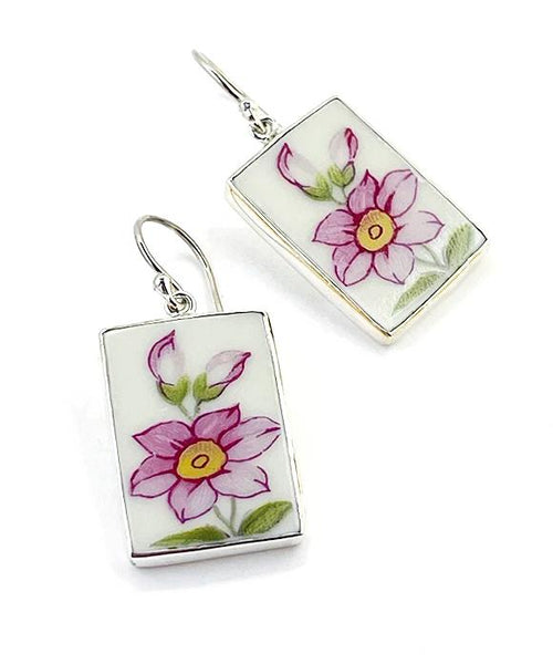 Big Pink Flower Vintage Pottery Large Rectangle Single Drop Earrings