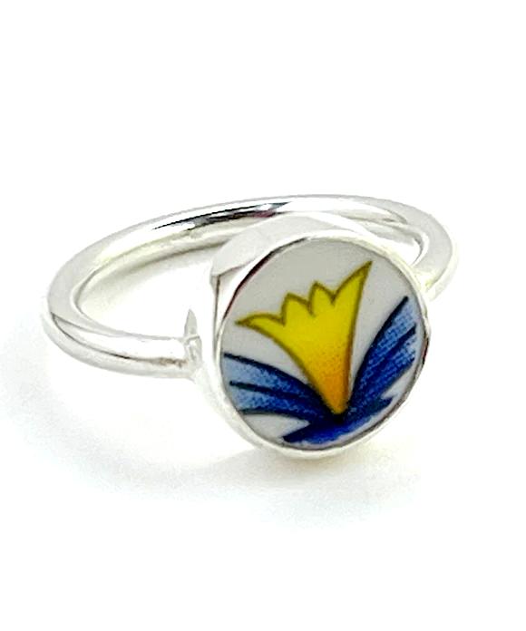 Blue and Yellow Vintage Pottery Ring- Size 5
