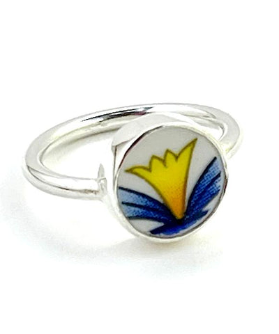 Blue and Yellow Vintage Pottery Ring- Size 5