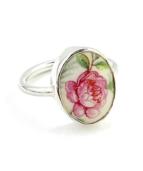 Oval Pink Rose with Leaves Vintage Pottery Ring- Size 5