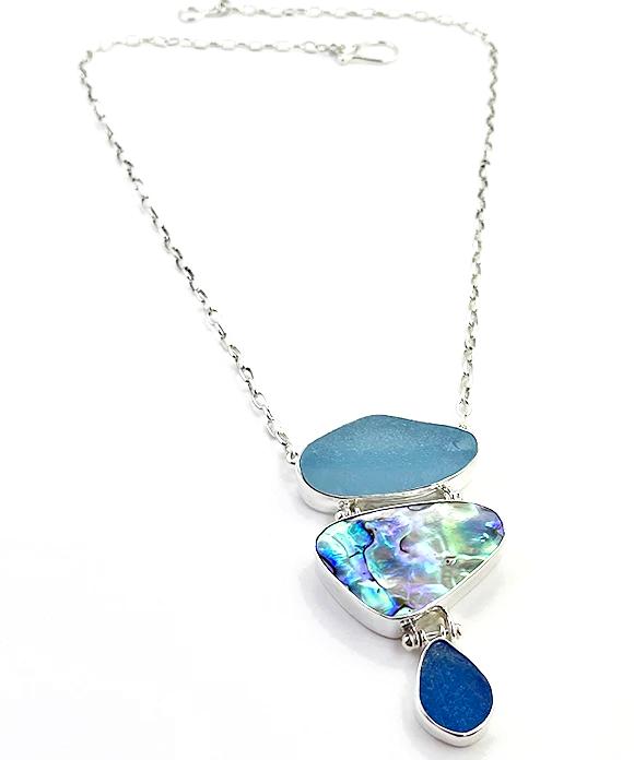Aqua & Blue Sea Glass with Abalone Triple Drop Barbell Necklace