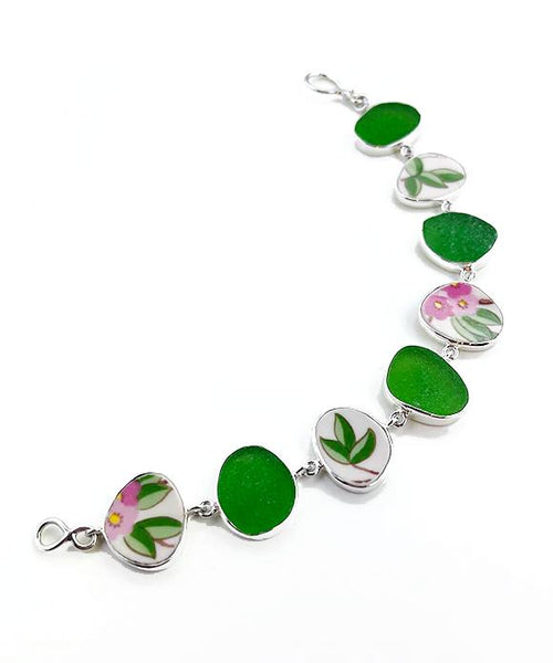Pink Flowers & Leaves Vintage Pottery With Green Sea Glass Natural Shape Bracelet - 7 3/4