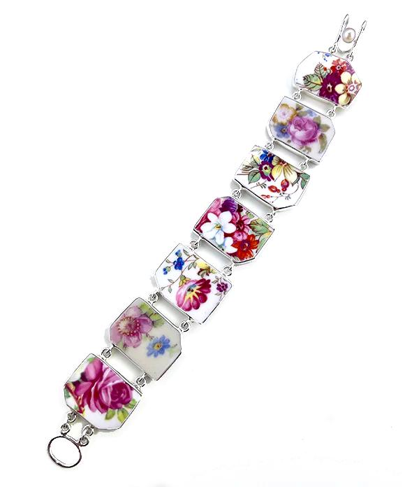 Bold Flowers Vintage Pottery Double Link Chunky Shard Bracelet - 7 1/2