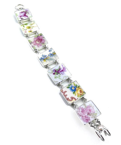 Various Delicate Flowers Vintage Pottery Double Link Rectangle Bracelet - 7 1/2