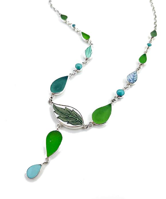 Green Leaf Vintage Pottery, Turquoise and Sea Glass 15 Piece Y-Necklace