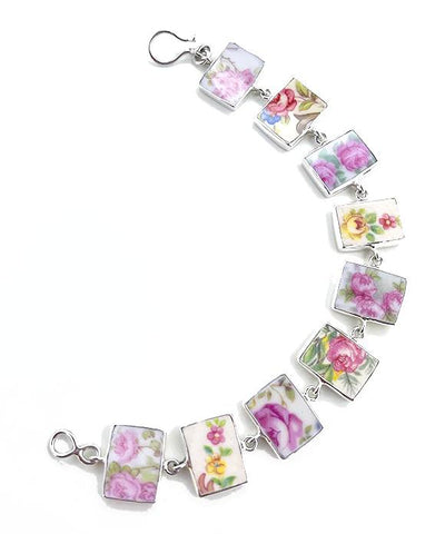 Pink Roses Vintage Pottery Rectangle Shape Bracelet - 7 3/4