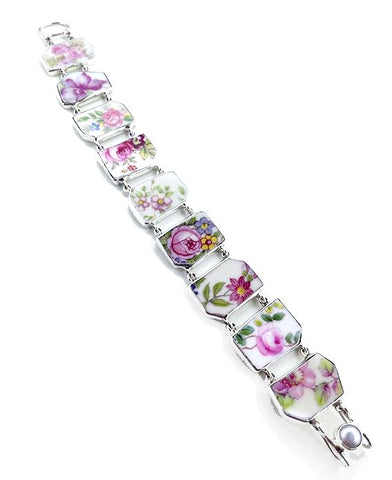Various PInk Flowers Vintage Pottery Double Link Rectangle Bracelet -8 1/4