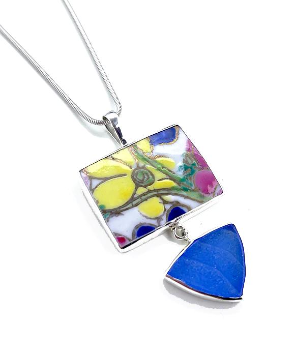 Bold Yellow & Pink Flower Vintage Pottery with Blue Sea Glass Double Pendant