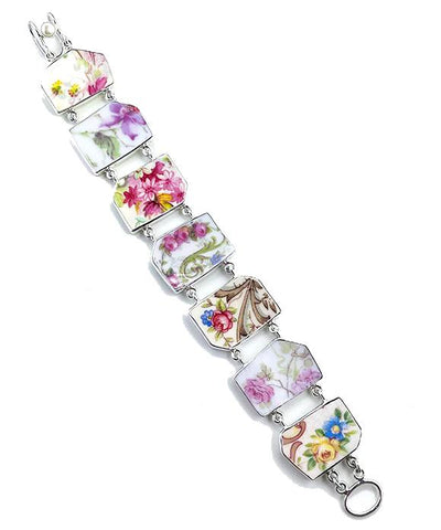 Pink Flowers Vintage Pottery Double Link Rectangle Bracelet - 7 1/2