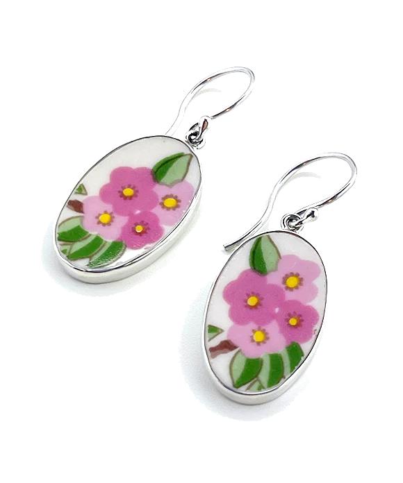 Big Leafy Pink Flowers Vintage Pottery  Oval Single Drop Earrings