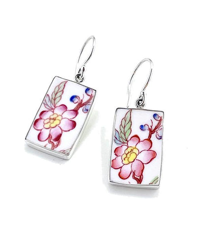 Big Red Flower Vintage Pottery Rectangle Single Drop Earrings