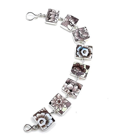 Brown & White Flower Vintage Pottery Rectangle Shape Bracelet - 7 1/2