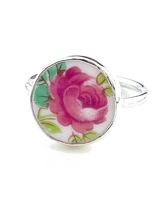 Red Rose Round Vintage Pottery Ring- Size 10.5