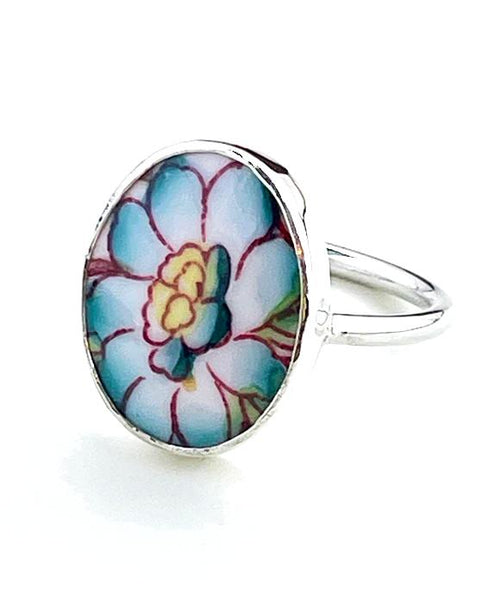 Teal & Yellow Flower Vintage Pottery Oval Ring- Size 11