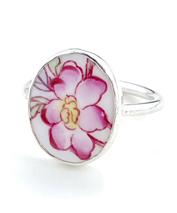 Pink & Yellow Flower Vintage Pottery Oval Ring- Size 9