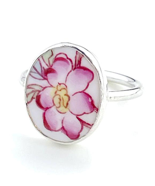 Pink & Yellow Flower Vintage Pottery Oval Ring- Size 9